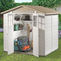 12% discount: 6'6 x 5'4 Shire Tuscany Evo 200 Apex Plastic Double Door Shed (2.02m x 1.62m)