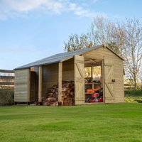 10% discount: 10' x 8' Forest Timberdale 25yr Guarantee Tongue & Groove Pressure Treated Double Door Apex Shed with Logstore (3.56m x 3.05m)