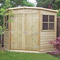18% discount: 7' x 7' Shire Premium Pressure Treated Wooden Corner Garden Shed (2.07m x 2.16m)