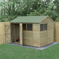 22% discount: 10' x 8' Forest 4Life 25yr Guarantee Overlap Pressure Treated Double Door Reverse Apex Wooden Shed - 4 Windows (3.01m x 2.61m) - Next Working Day Delivery